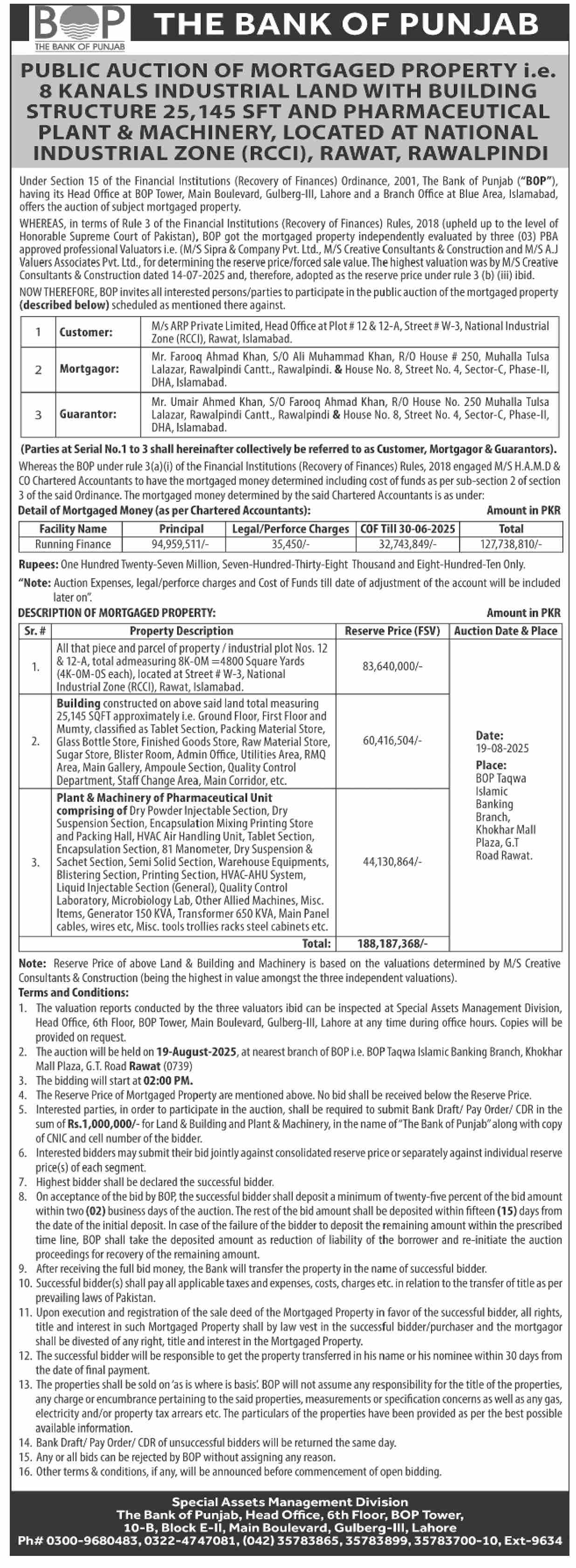 The Bank of Punjab Lahore Tender Notice